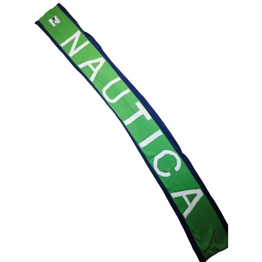 Nautica Kids Green Navy Blue Logo Knit Scarf 100% Cotton One Size
